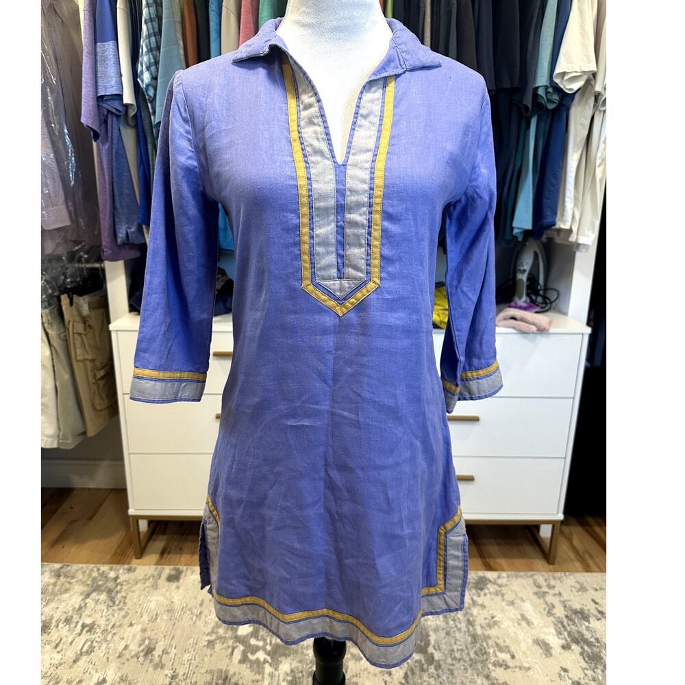 Guru Women's Purple 100% Linen V Neck 3/4 Sleeve Kurta Caftan Beach XS